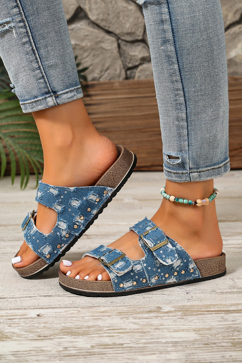 Load image into Gallery viewer, DLLSHOE 188 - Sky Blue Two-Tone Retro Buckle Straps Hollowed Faux Suede Slippers
