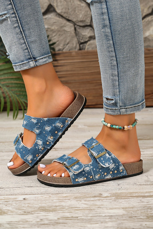 DLLSHOE 188 - Sky Blue Two-Tone Retro Buckle Straps Hollowed Faux Suede Slippers
