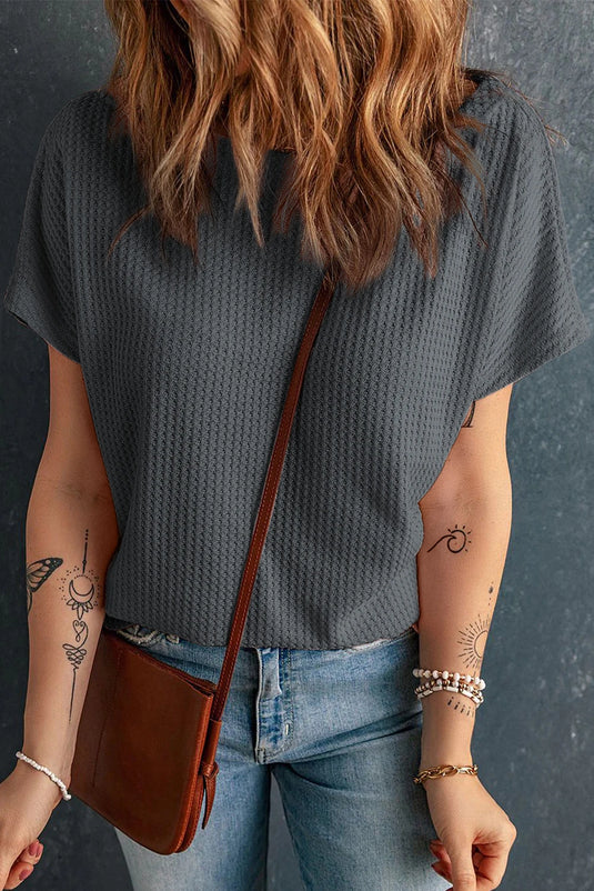 DLLS529 - Ladies Dark Grey Waffle Knit Boat Neck Short Sleeve Top