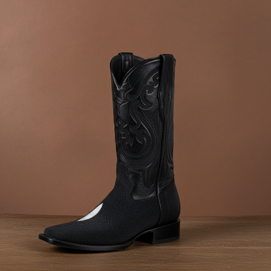 8030 - RockinLeather Men's Genuine Black Stingray Square Toe Western Boot