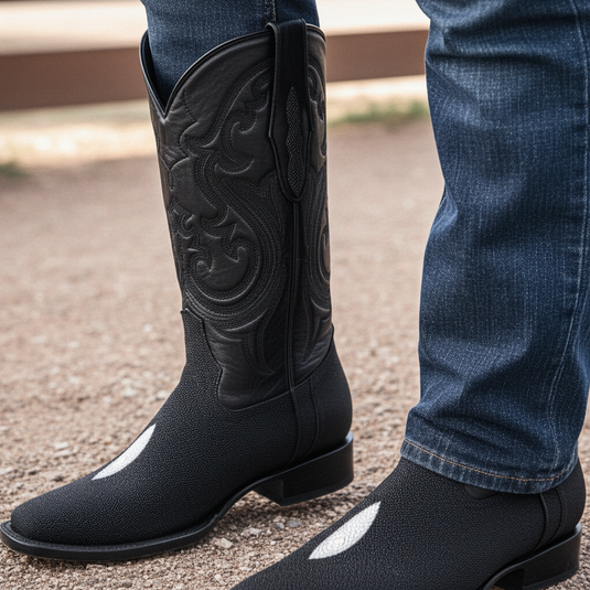 8030 - RockinLeather Men's Genuine Black Stingray Square Toe Western Boot