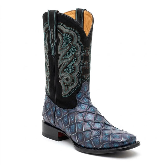 CP1707 - Cowboy Prayer Hand Crafted Blue Pirarucu Print Cowboy Boots