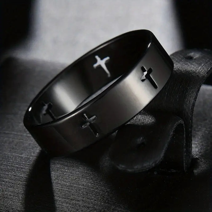TMRG7 - Men's Black Hollow Cross Stainless Steel Ring