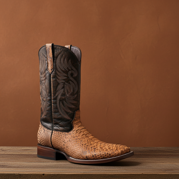 8036 - RockinLeather Men's Tan Python Square Toe Western Boot