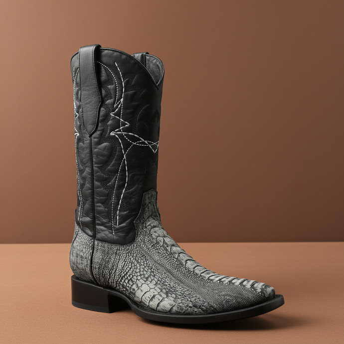 8038 - RockinLeather Men's Grey Ostrich Leg Square Toe Western Boot