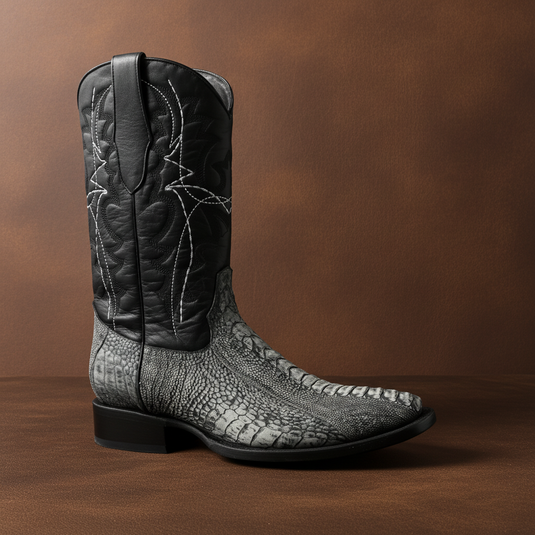 8038 - RockinLeather Men's Grey Ostrich Leg Square Toe Western Boot