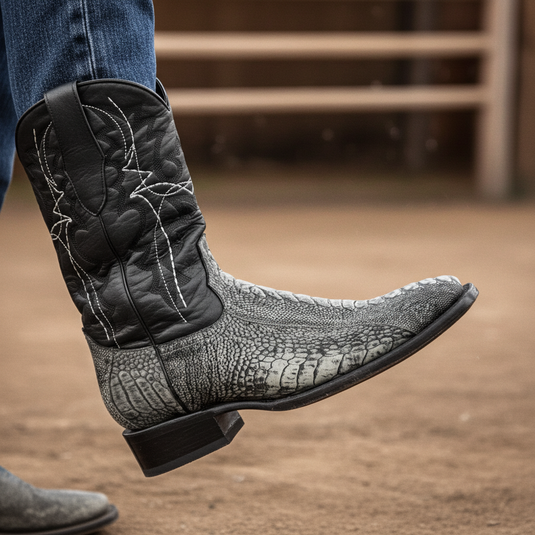 8038 - RockinLeather Men's Grey Ostrich Leg Square Toe Western Boot