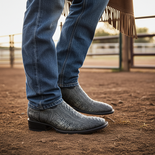 8038 - RockinLeather Men's Grey Ostrich Leg Square Toe Western Boot