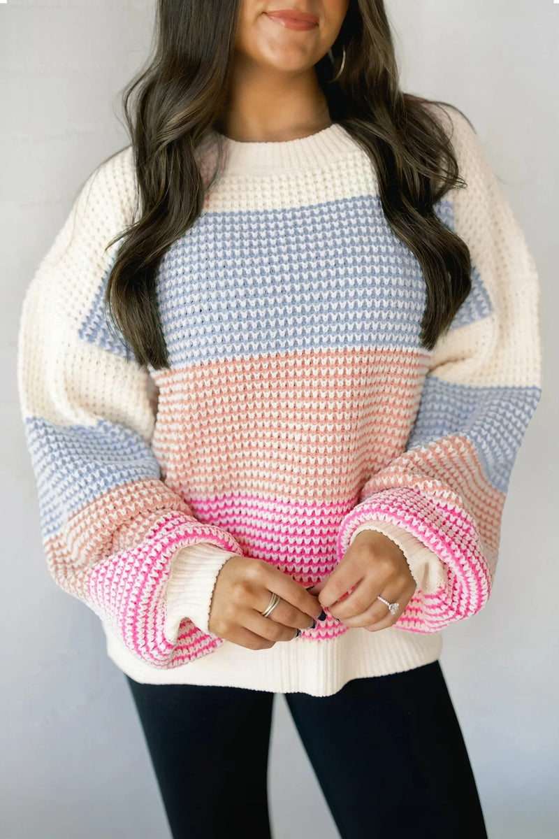 Load image into Gallery viewer, DLLS833 - Ladies Light Blue Drop Shoulder Round Neck Long Sleeve Pullover Sweater

