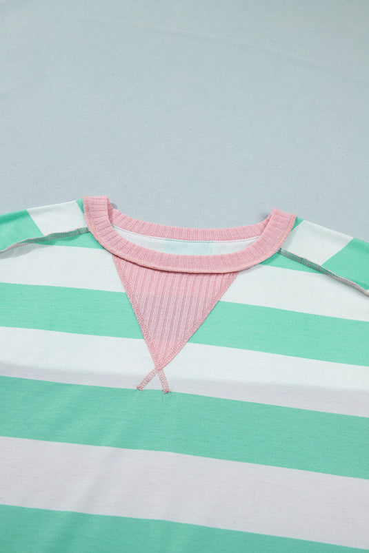 DLLS715 - Ladies Green Stripe Exposed Seam Ribbed Patchwork Oversized Tee