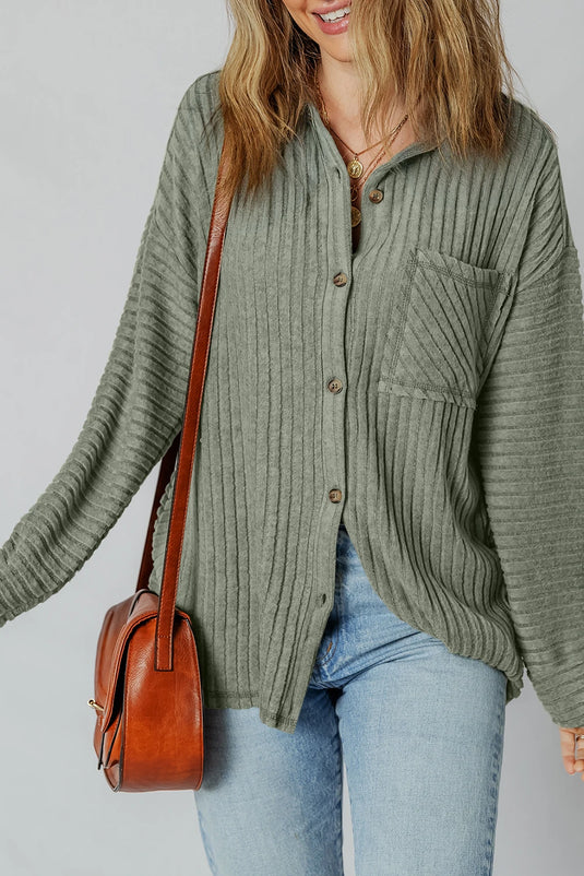 DLLS278 - Ladies Mist Green Thermal Ribbed Texture Drop Shoulder Button Up Shacket