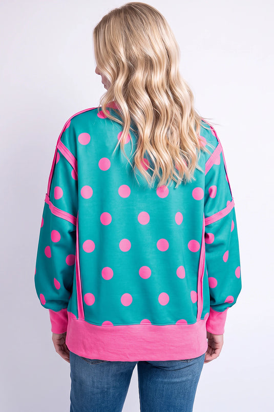 DLLS1056 - Ladies Blue Polka Dot Contrast Patchwork Round Neck Baggy Sweatshirt