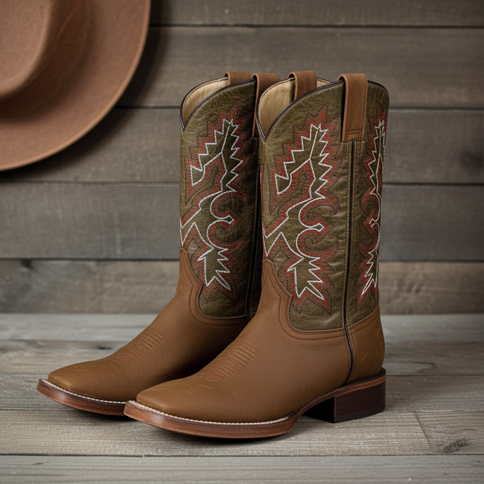 1215 - RockinLeather Men's Tobacco Crazy Horse Western Boot w/Green Upper