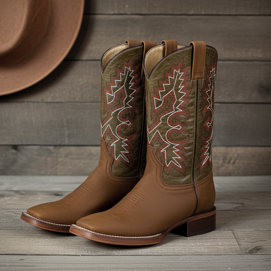 1215 - RockinLeather Men's Tobacco Crazy Horse Western Boot w/Green Upper