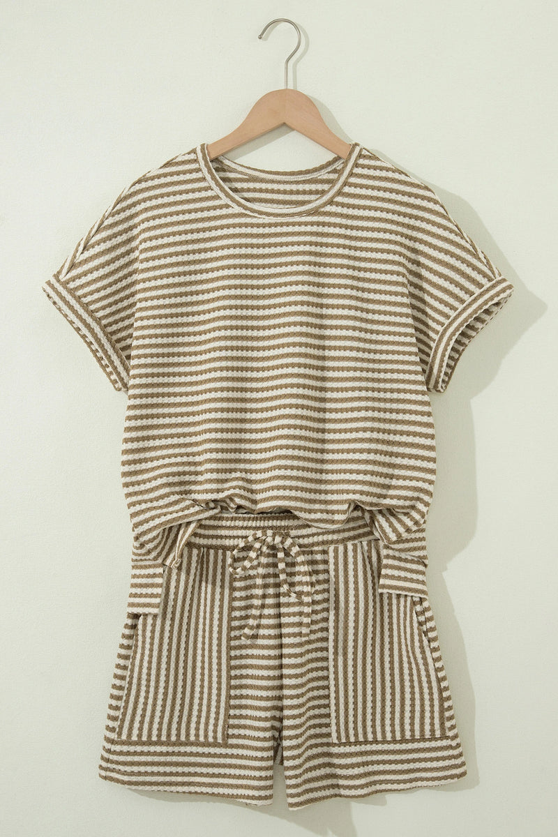 Load image into Gallery viewer, DLLS618 - Ladies Brown Stripe Breathable Textured Knit Short 2pcs Set
