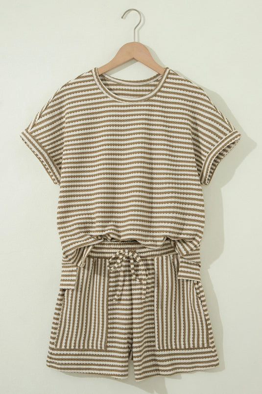 DLLS618 - Ladies Brown Stripe Breathable Textured Knit Short 2pcs Set