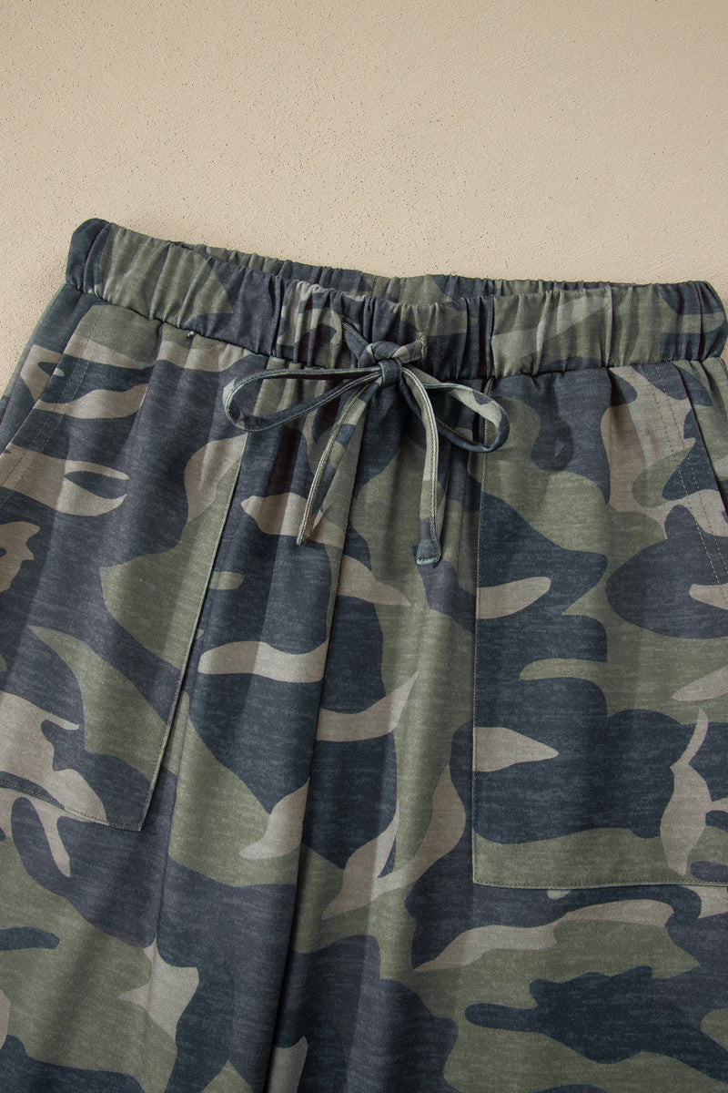 Load image into Gallery viewer, DLLS633 - Ladies Green Camouflage Print Slim Tank Drawstring Pant Set

