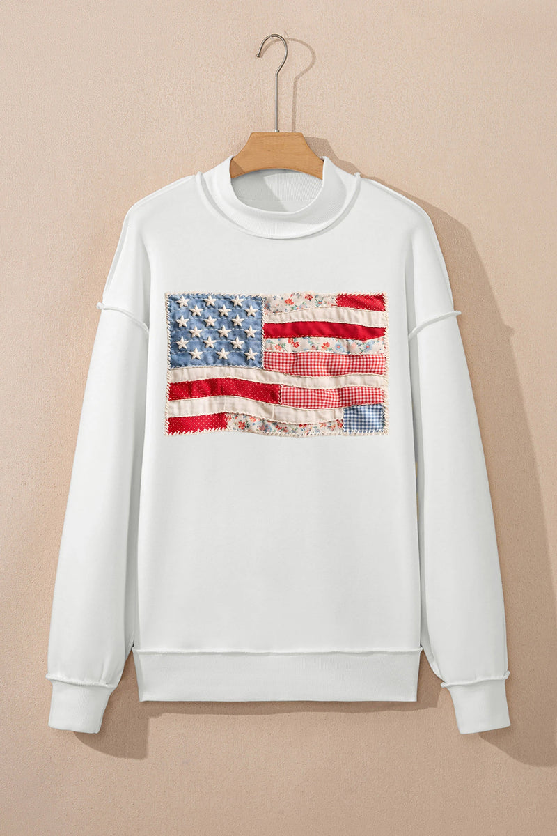 Load image into Gallery viewer, DLLS617 - Ladies White Faux Patchwork Print USA Flag Double Side Printed Reversible Sweatshirt
