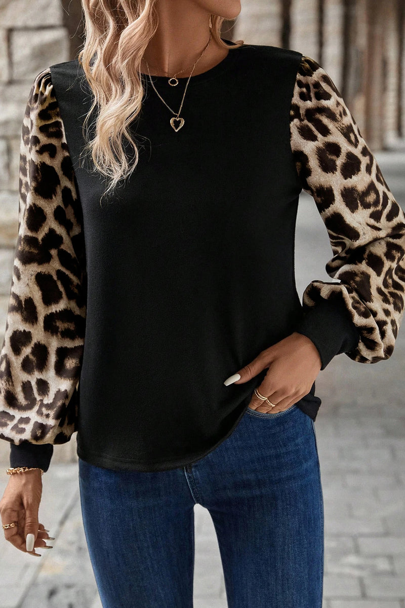 Load image into Gallery viewer, DLLS419 - Ladies Khaki Leopard Puff Sleeve Patchwork Top
