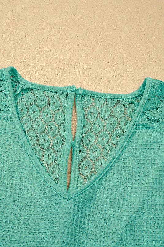 DLLS702 - Ladies Mint Green Lace Splicing Button Cutout V Neck Waffle Knit Blouse