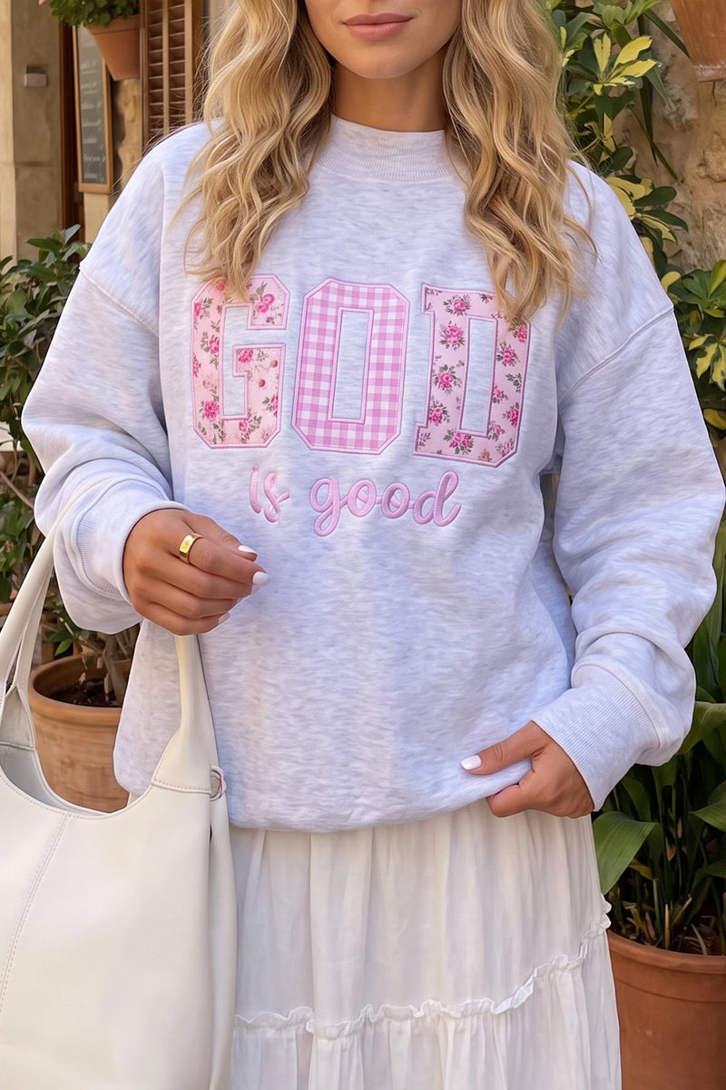 Load image into Gallery viewer, DLLS867 - Ladies Light Grey GOD IS GOOD Letter Print Crewneck Pullover Sweatshirt

