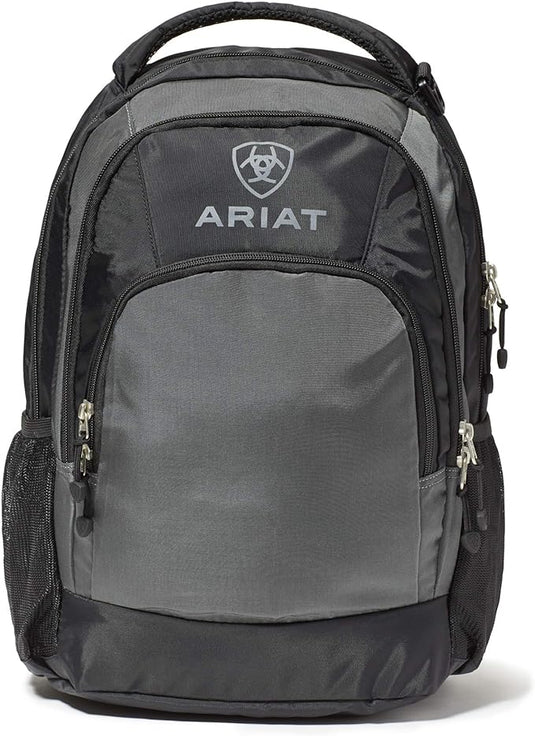 A460000606 - ARIAT Backpack - Durable Grey/Black Carryall with Multiple Compartments, Water Bottle Pockets, and Top Handle, Featuring Signature Logo
