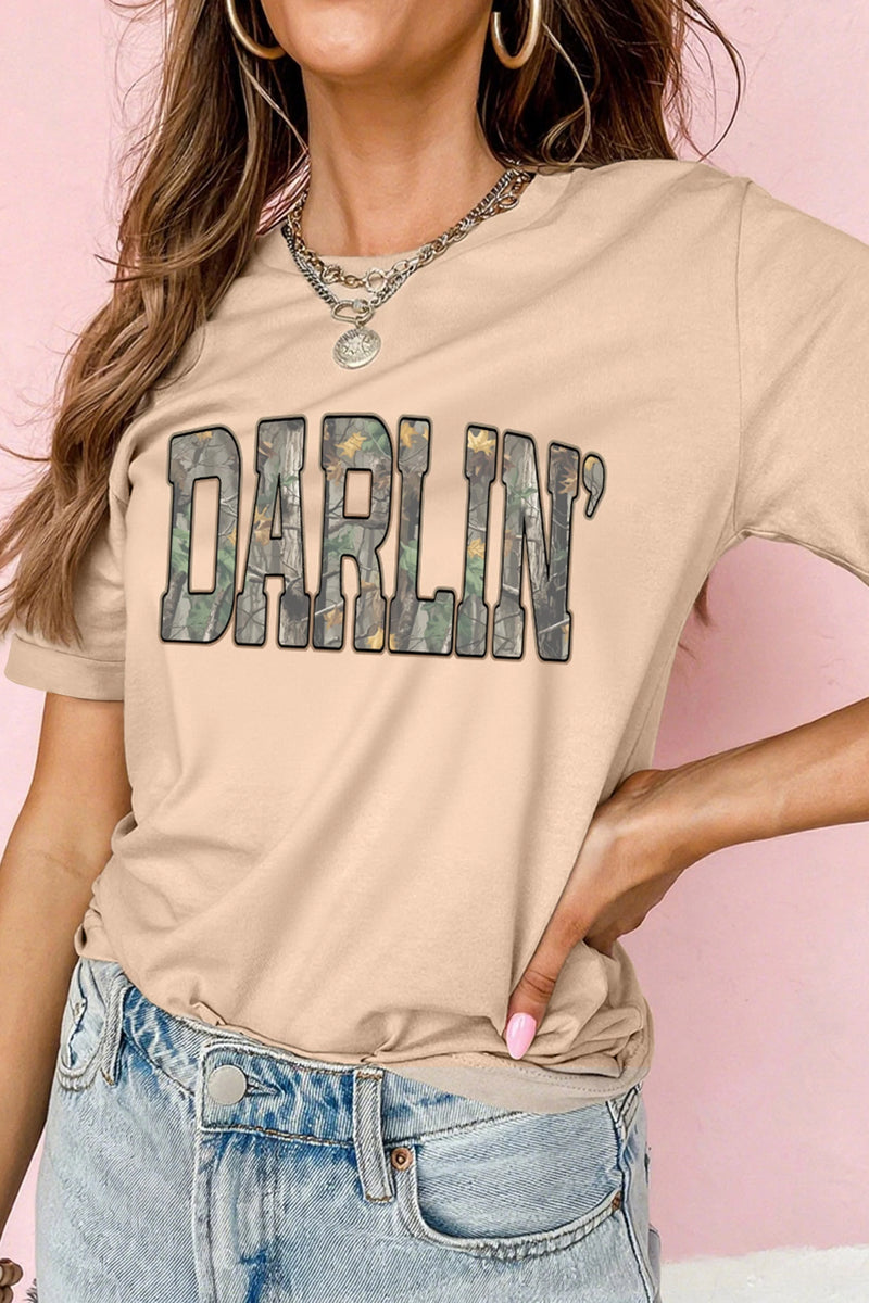 Load image into Gallery viewer, DLLS773 - Ladies Khaki DARLIN Camo Letter Print Crewneck T Shirt
