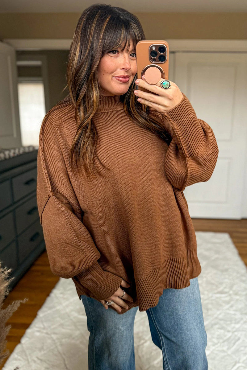 Load image into Gallery viewer, DLLS845 - Ladies Chestnut Oversized Ribbed Knit Long Sleeve Tunic Plus Size Sweater
