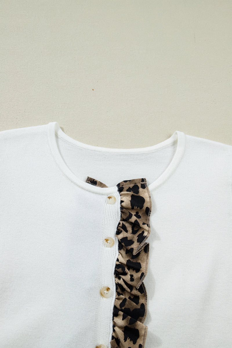 Load image into Gallery viewer, DLLS371 - Ladies White Knitted Leopard Ruffle Patchwork Button Down Cropped Cardigan

