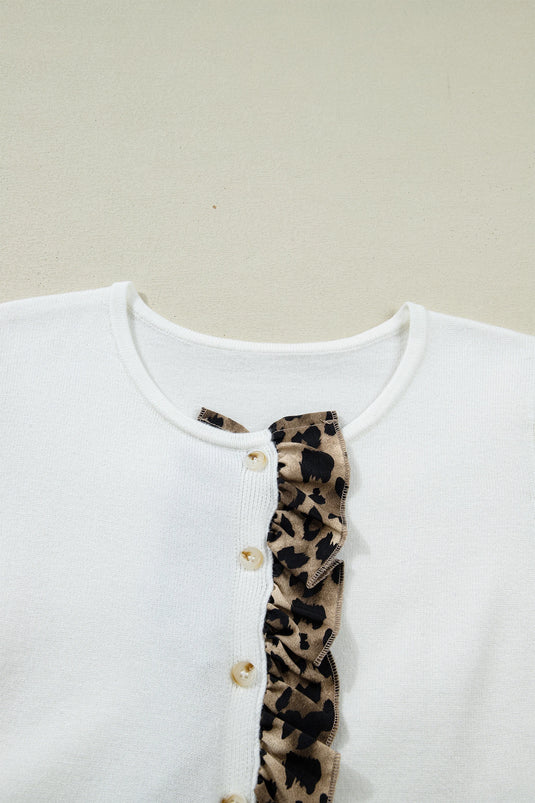 DLLS371 - Ladies White Knitted Leopard Ruffle Patchwork Button Down Cropped Cardigan