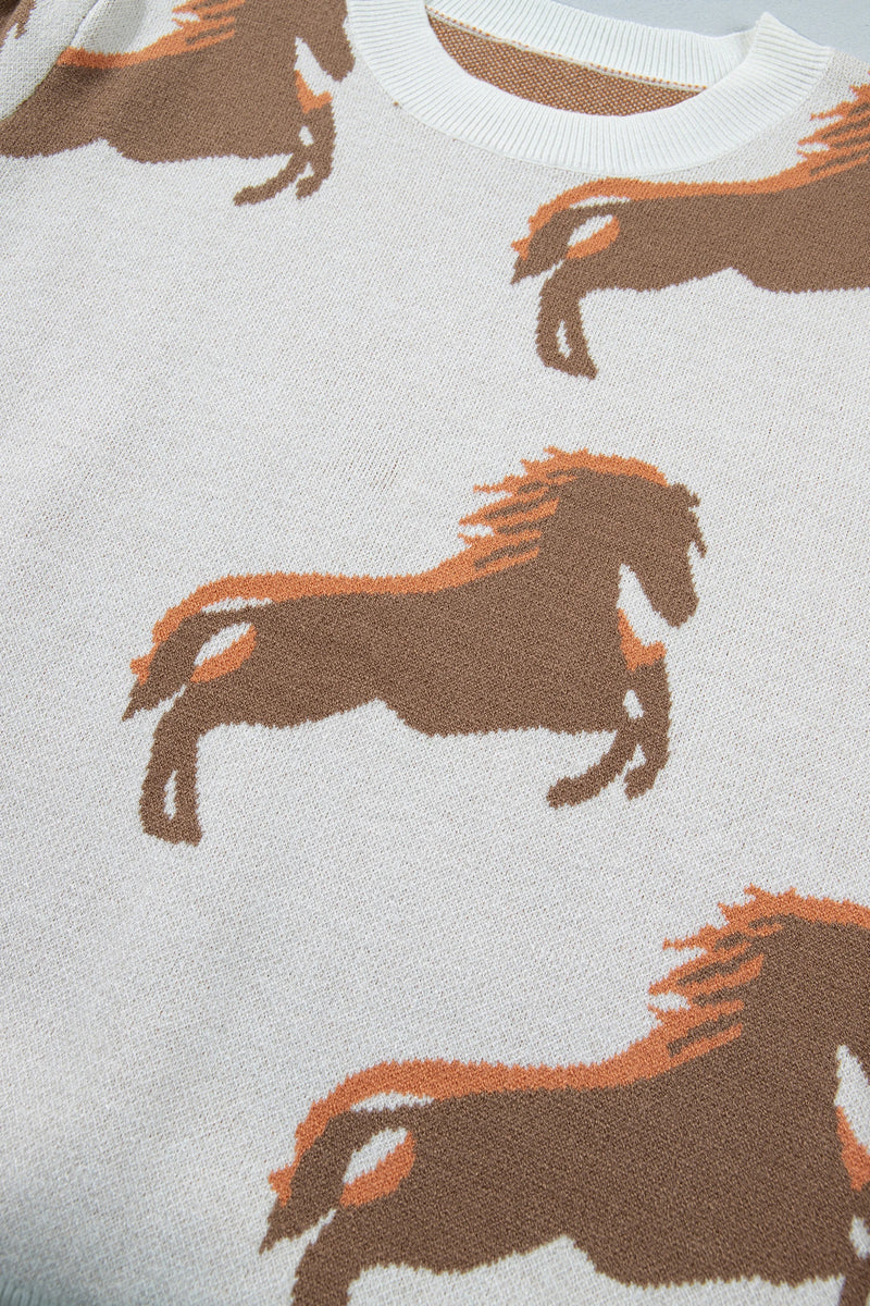 Load image into Gallery viewer, DLLS741 - Ladies White Western Horse Printed Short Puff Sleeve Sweater
