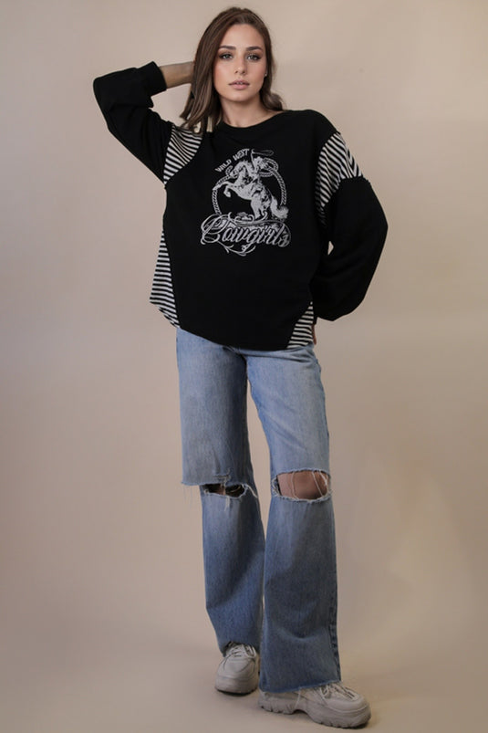 Very 12 - Ladies Oversized Mixed Media Western Graphic Knit Top