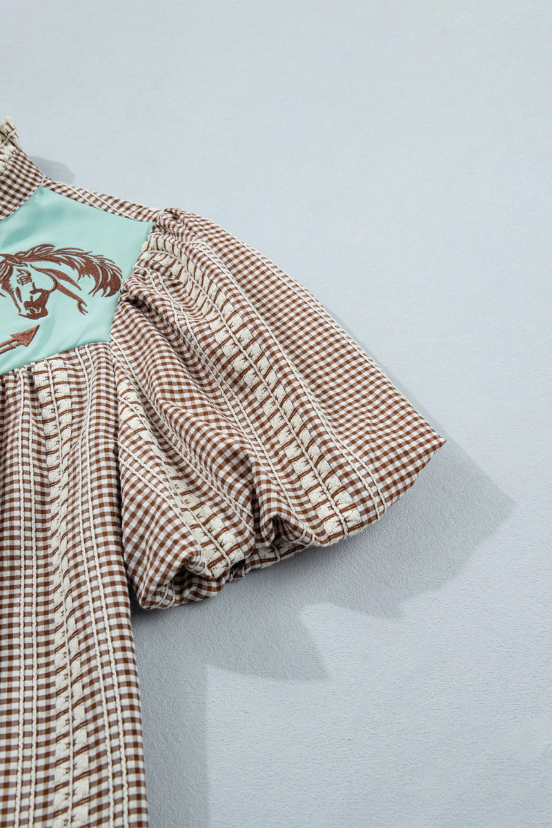 Load image into Gallery viewer, DLLS760 - Ladies Brown Western Pony Embroidered Yoke Puff Sleeve Gingham Blouse

