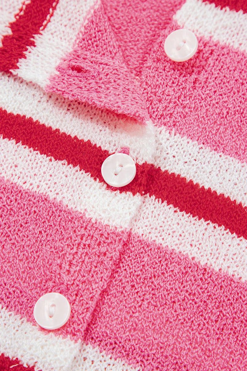 Load image into Gallery viewer, DLLS823 - Ladies Pink Stripe Striped Drop Shoulder Button Cardigan
