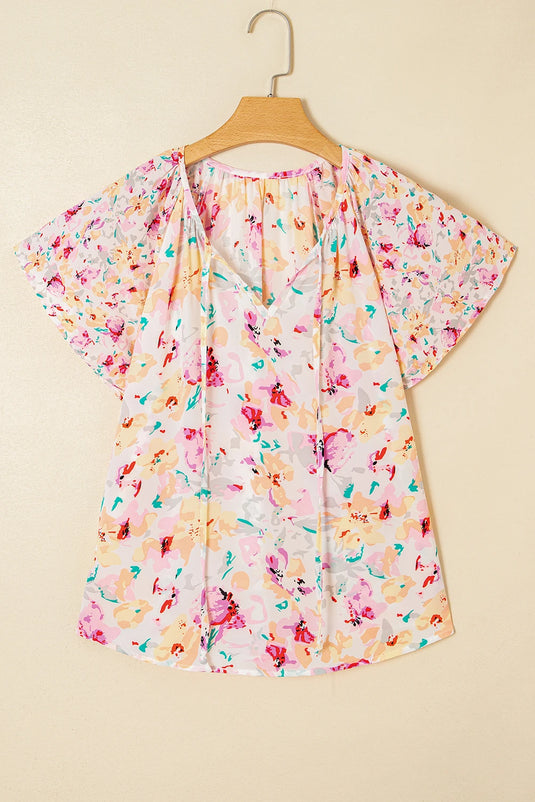 DLLS536 - Ladies Pink V-Neck Short Sleeve Fashion Print Fantasy Fluttering Blouse