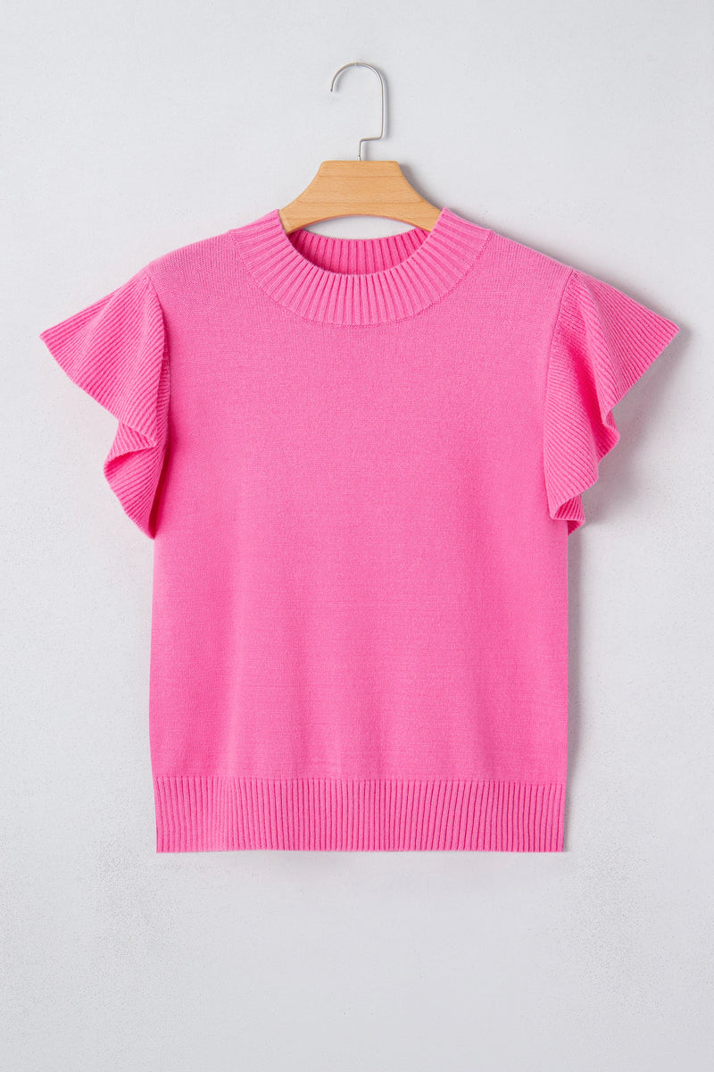 Load image into Gallery viewer, DLLS579 - Ladies Pink Solid Color Ribbed Trim Round Neck Ruffle Short Sleeve Sweater

