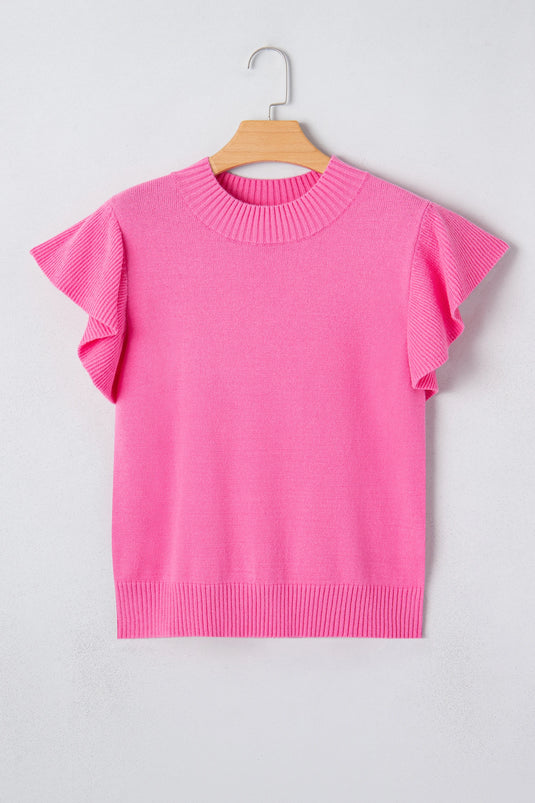 DLLS579 - Ladies Pink Solid Color Ribbed Trim Round Neck Ruffle Short Sleeve Sweater