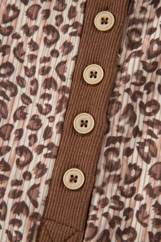 DLLS703 - Ladies Brown Leopard Print Ribbed Patchwork Half Button Loose Tee Elastic Waist Short 2pcs Set