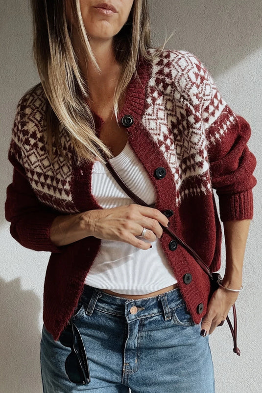 DLLS718 - Ladies Red Geometric Print Button Front Long Sleeve Knitwear Cardigan