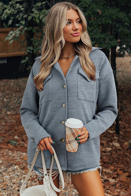 DLLS271 - Ladies Medium Grey Ribbed Knit Buttons Front Flap Pocket Casual Shacket