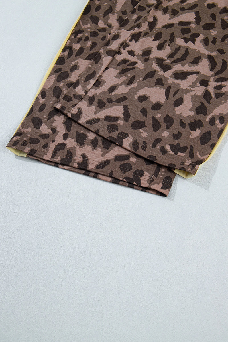 Load image into Gallery viewer, DLLS1086 - Ladies Brown Leopard Print Long Sleeve V-Neck Wide Leg Pant Set
