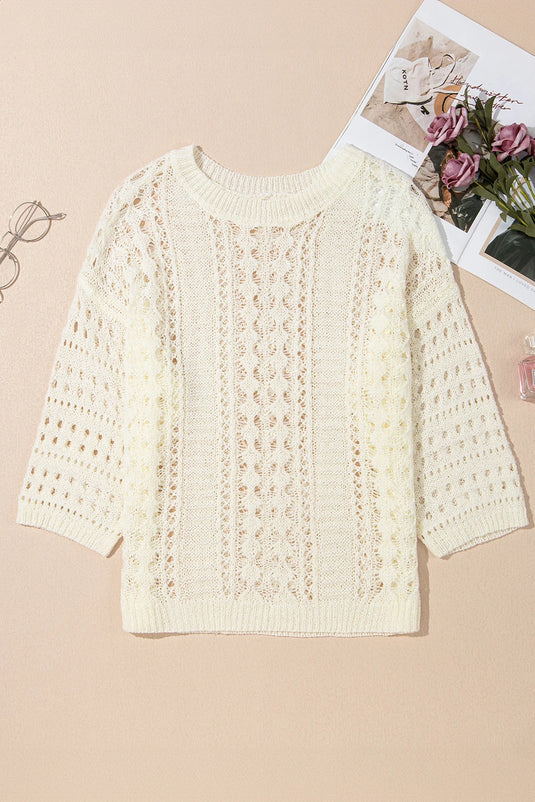 DLLS446 - Ladies White Hollow Out Knit Bracelet Sleeve Drop Shoulder Sweater