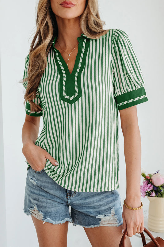 DLLS432 - Ladies Green Stripe Collared Split Neck Short Bubble Sleeve Blouse