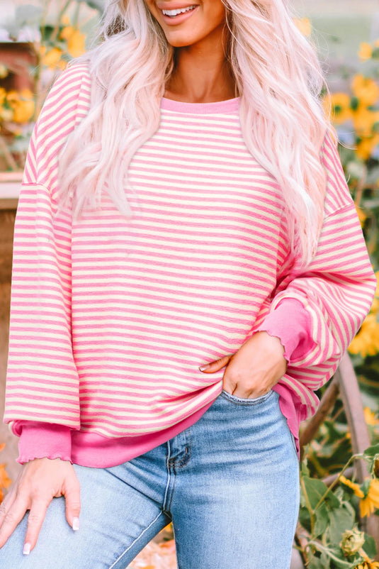 DLLS346 - Ladies Pink Stripe Loose Drop Shoulder Long Sleeve Top