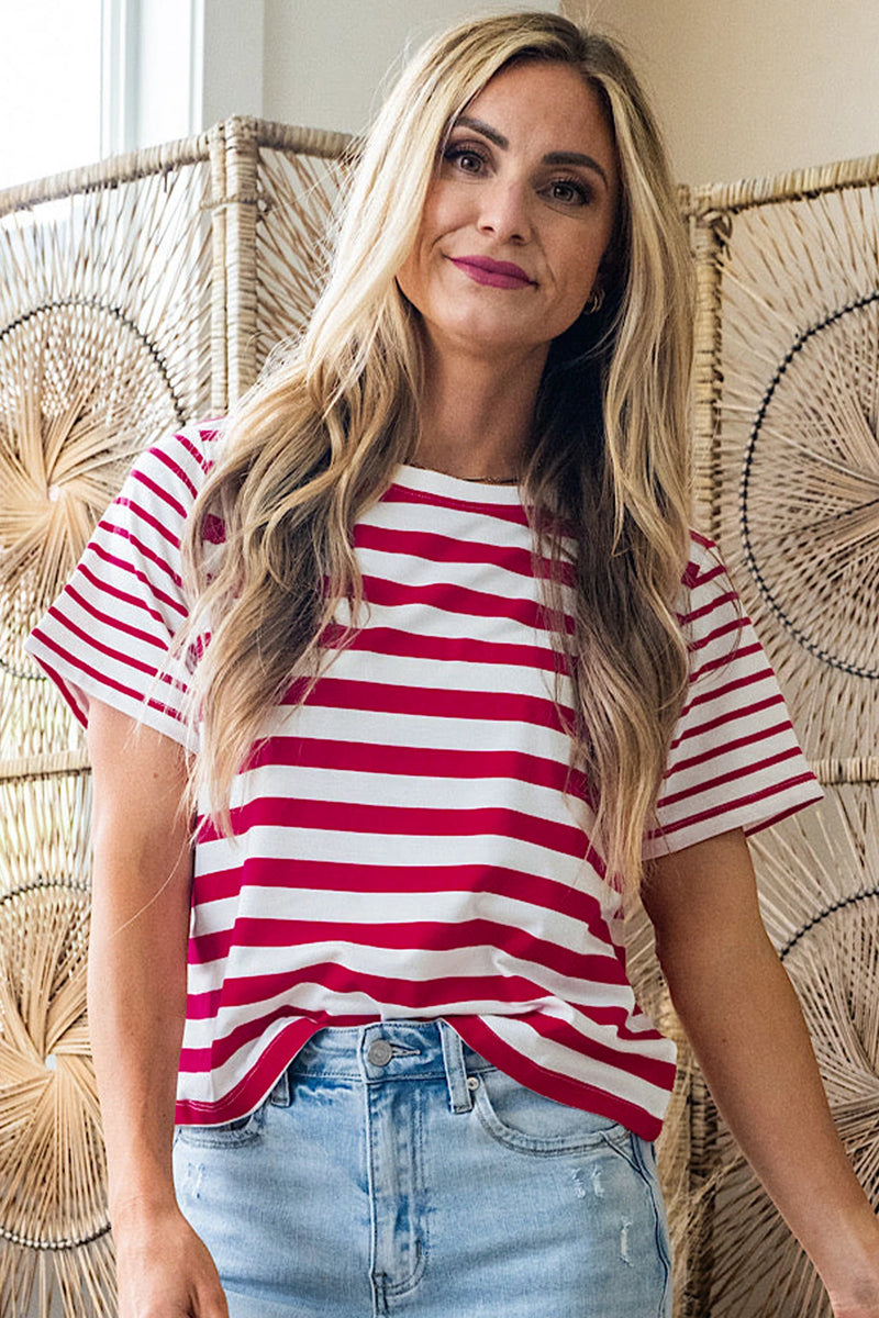 Load image into Gallery viewer, DLLS530 - Ladies Red Stripe Patchwork Round Neck T Shirt
