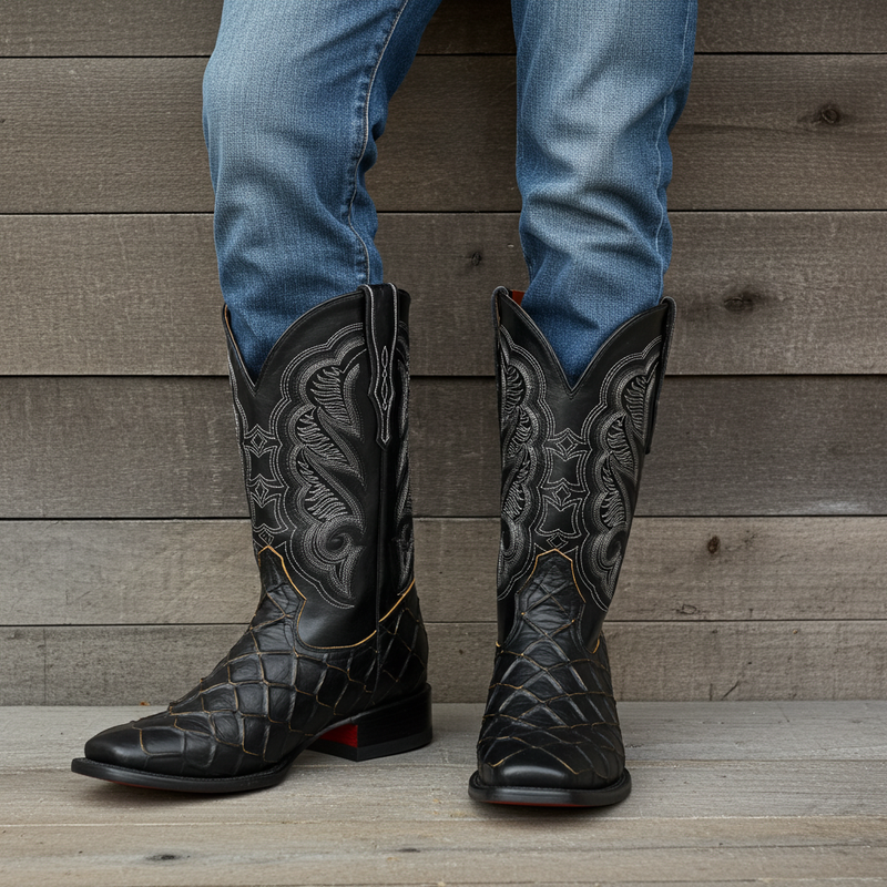 Load image into Gallery viewer, CP1702 - Cowboy Prayer Pirarucu Print w/Yellow Underlay Cowboy Boots
