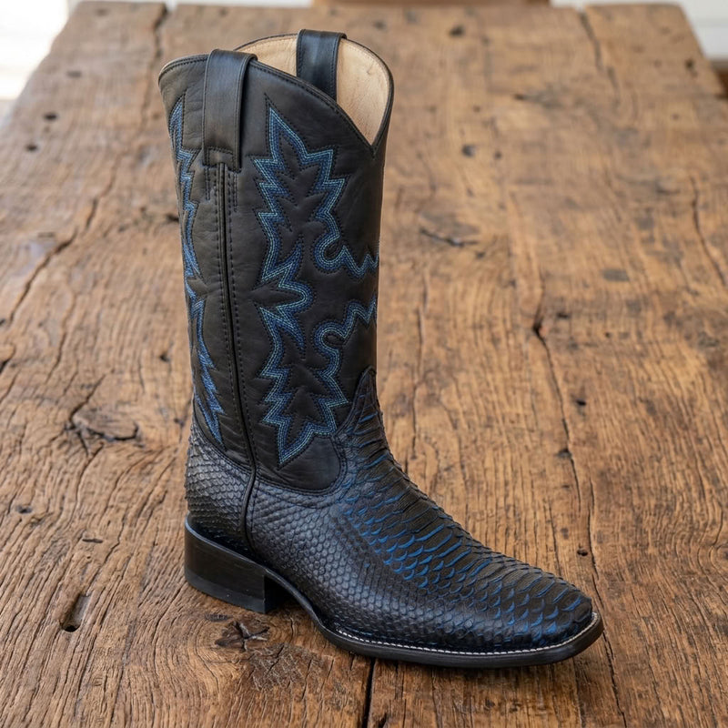 Load image into Gallery viewer, CP5008 - Cowboy Prayer Men's Black Python Print w/Blue Underlay Western Boots
