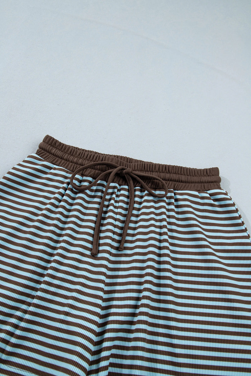 Load image into Gallery viewer, DLLS1083 - Ladies Brown Stripe Oversized Long Sleeve Top Drawstring Loose Shorts 2pcs Set
