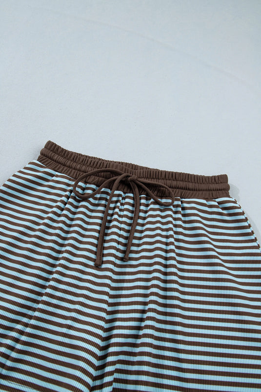 DLLS1083 - Ladies Brown Stripe Oversized Long Sleeve Top Drawstring Loose Shorts 2pcs Set