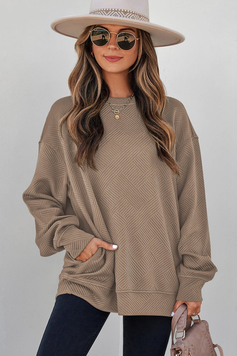 Load image into Gallery viewer, DLLS1014 - Ladies Parchment Solid Color Textured Round Neck Drop Shoulder
